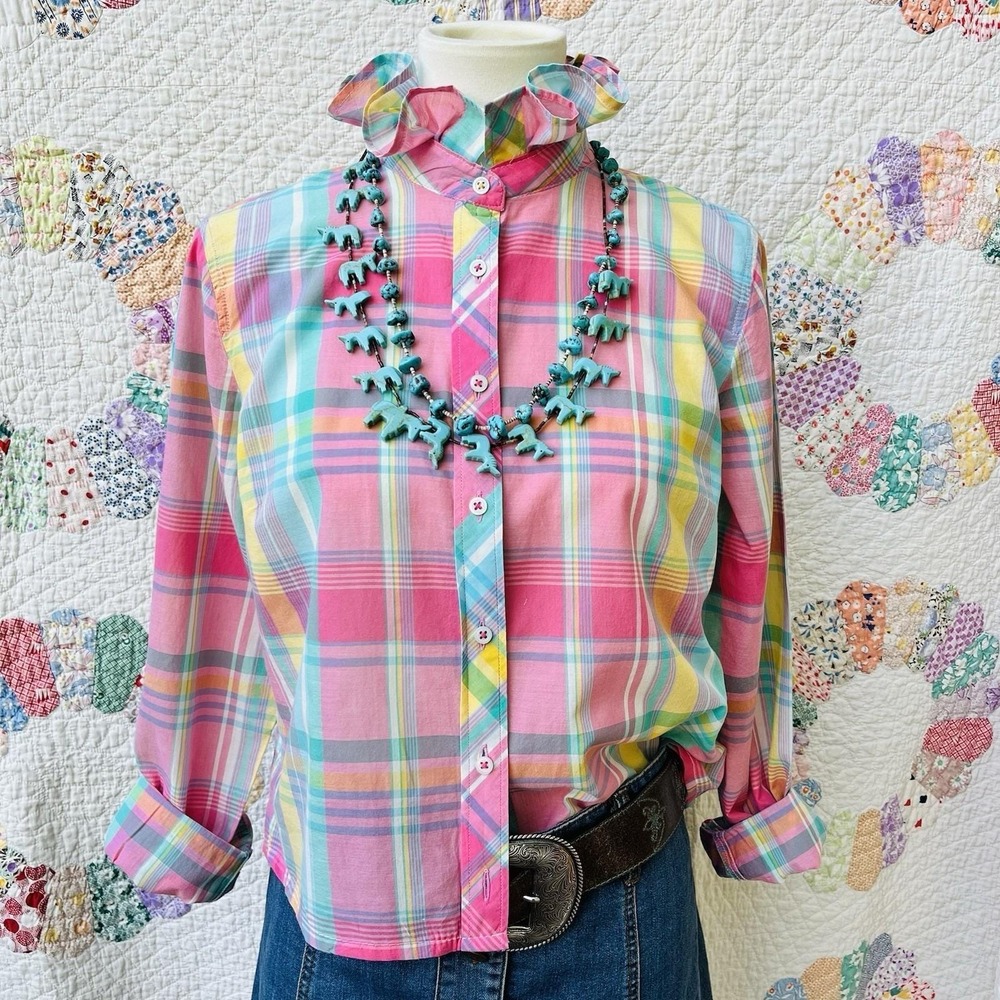 Upcycled Reworked Talbots Multi Pink Madras Long Sleeved Ruffle Collar Shirt M